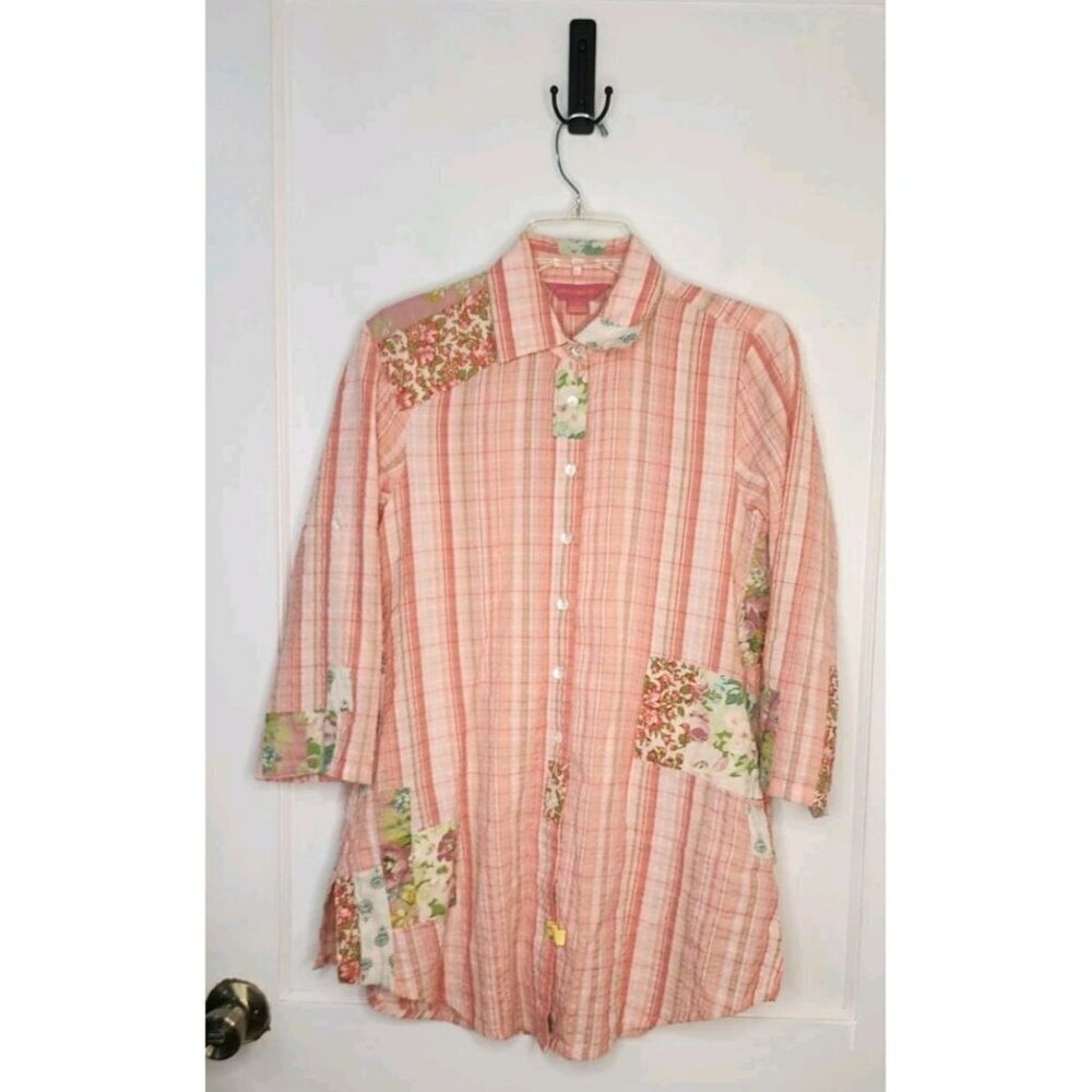 Size XS April Cornell 100% Cotton Plaid Floral Button Down Top Cottagecore